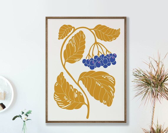 Golden Leaves Blue Berries Botanical Illustration Modern Minimal Poster