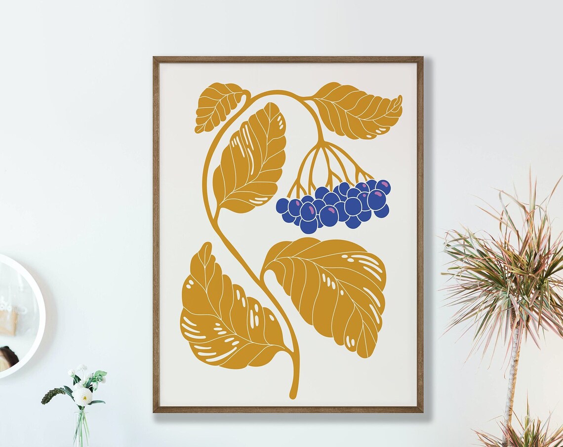 Golden Leaves Blue Berries Botanical Illustration Modern Minimal Poster
