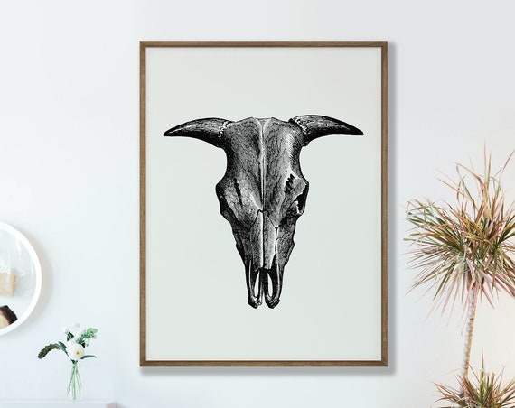 Vintage Sheep Skull Wall Art Monochrome Style Drawing Printed Poster