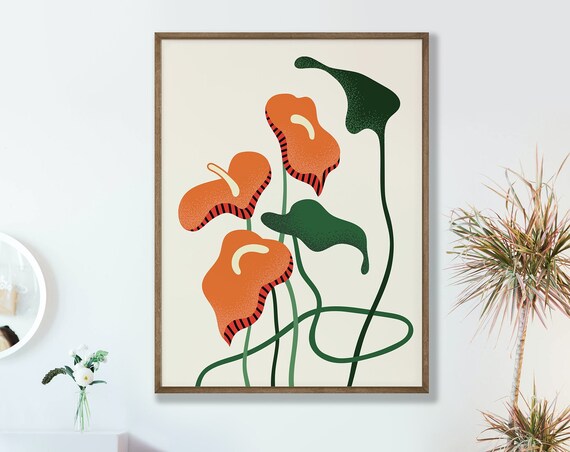 Orange Anthurium Blooms Mid Century Modern Botanical Illustration Poster