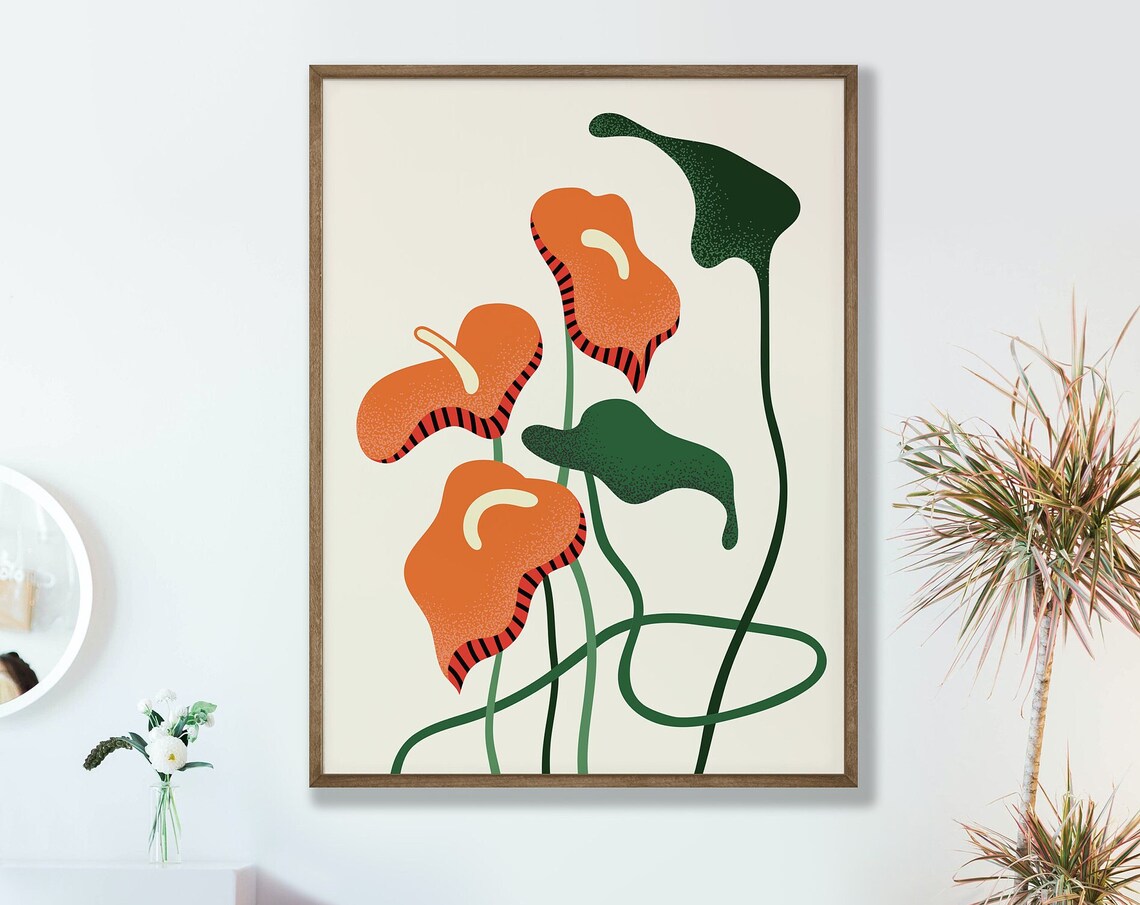 Orange Anthurium Blooms Mid Century Modern Botanical Illustration Poster