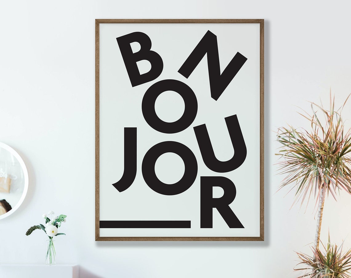 Bonjour Black Bold Scattered Typography Minimalist French Wall Art