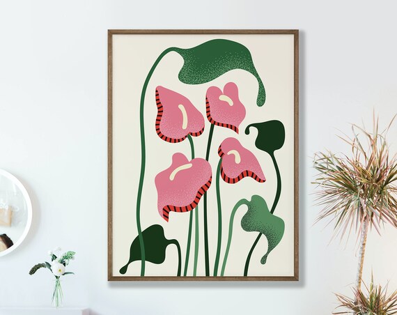 Pink Anthurium Blooms Mid Century Modern Botanical Illustration Poster