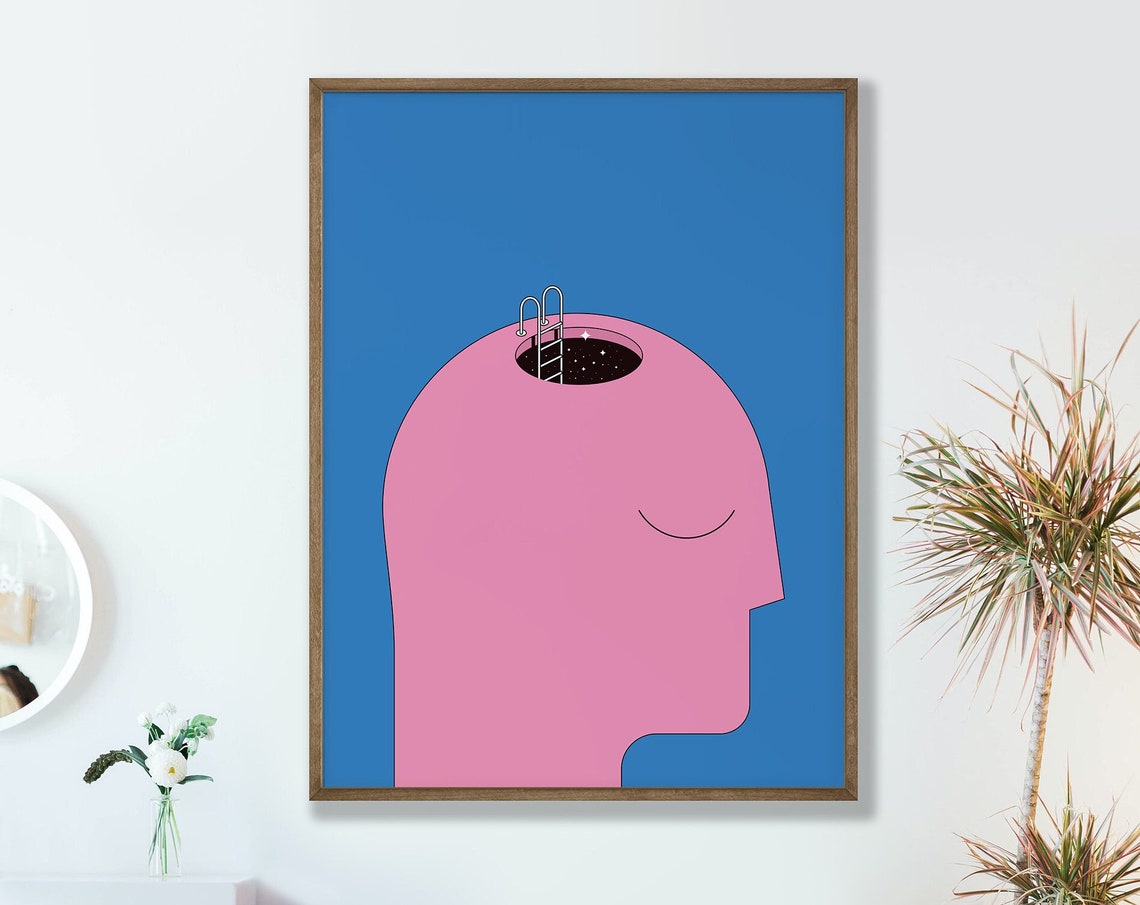 Thoughts Surreal Pink Head Mind Pool Blue Minimalist Wall Art