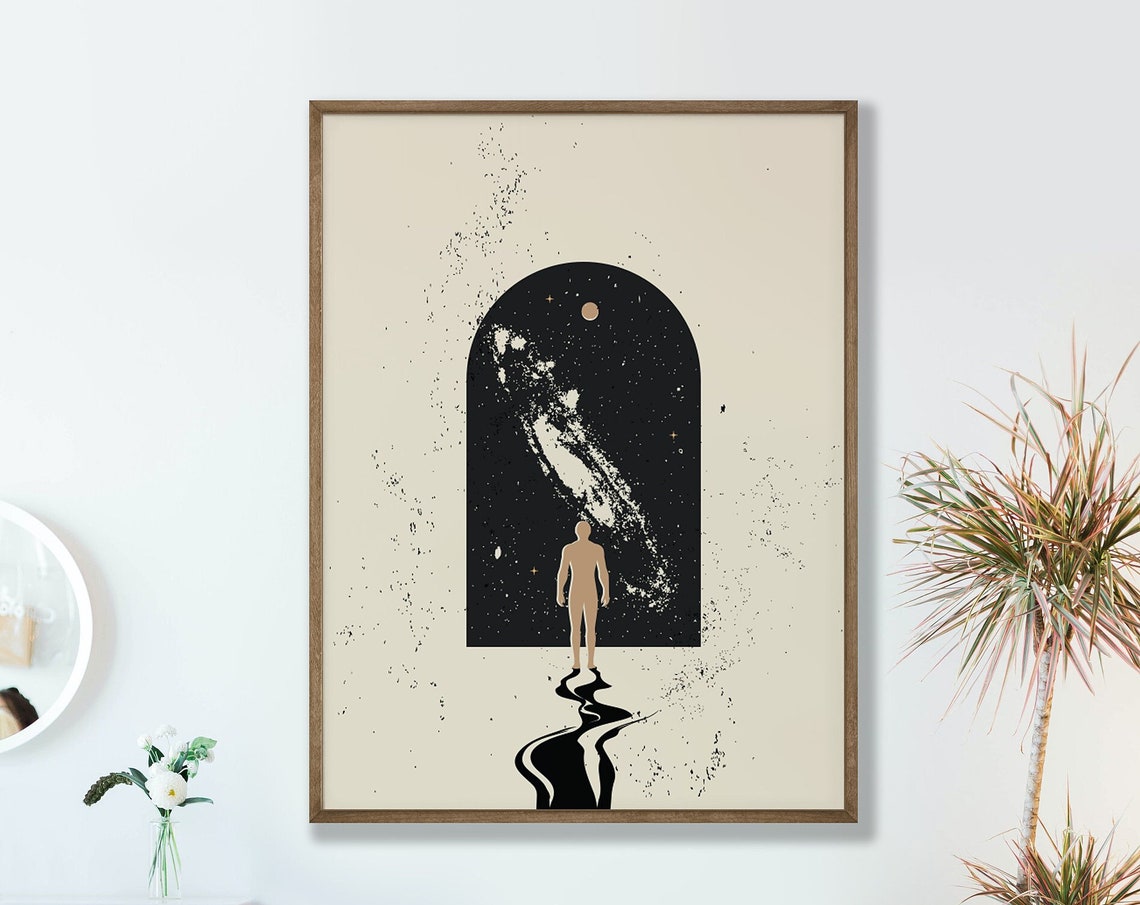 Figure Walking into Cosmic Galaxy Doorway Surreal Art Poster