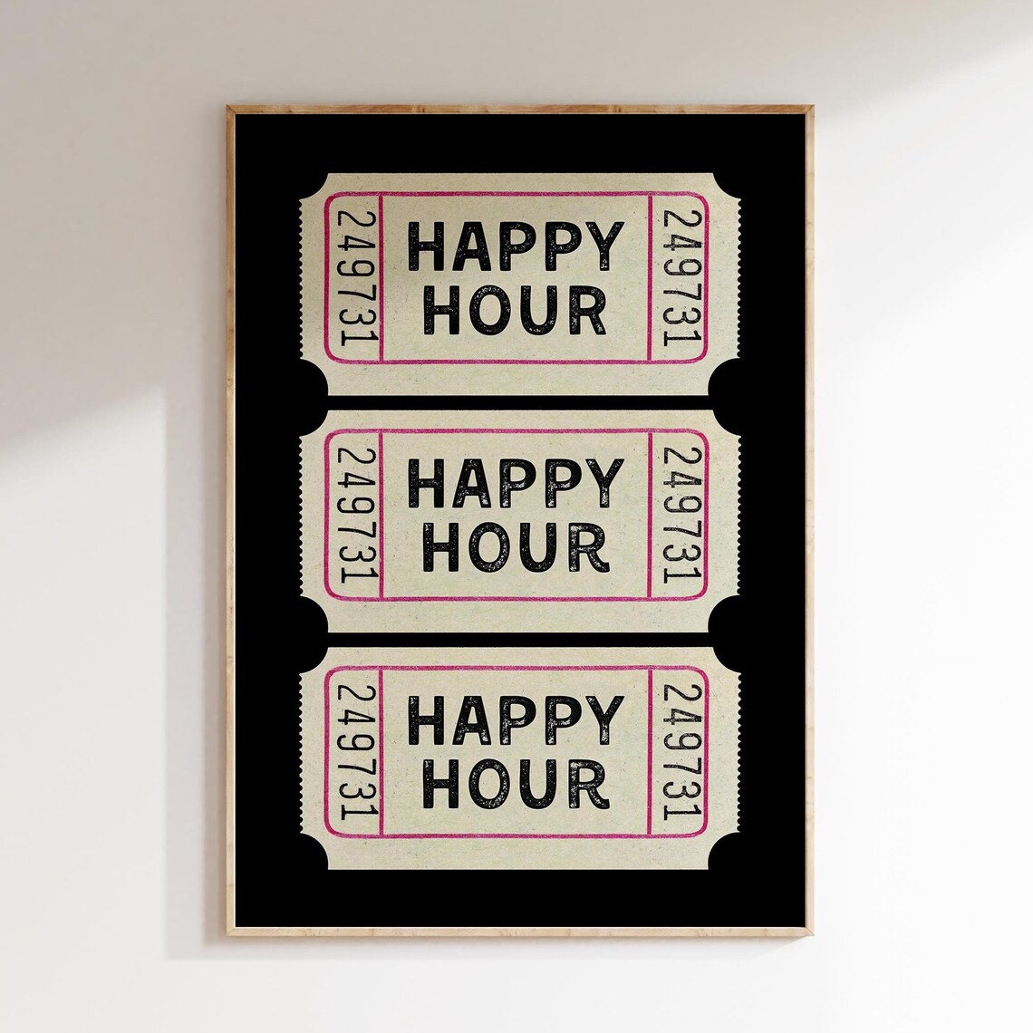 Happy Hour Vintage Ticket Stub Trio Black Bar Cart Decor Poster