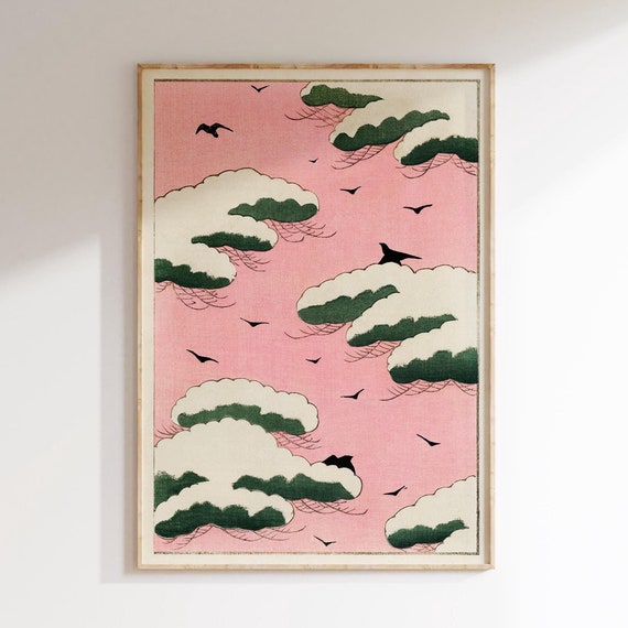 Vintage Japanese Art Pink Sky Illustration Wall Art Home Decor