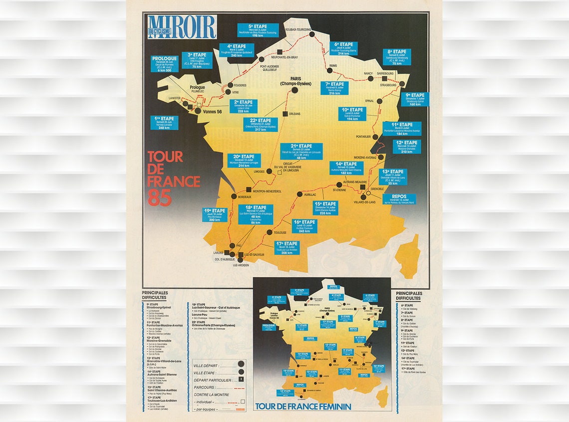 1985 Tour de France Stage Route Map Miroir du Cyclisme Poster