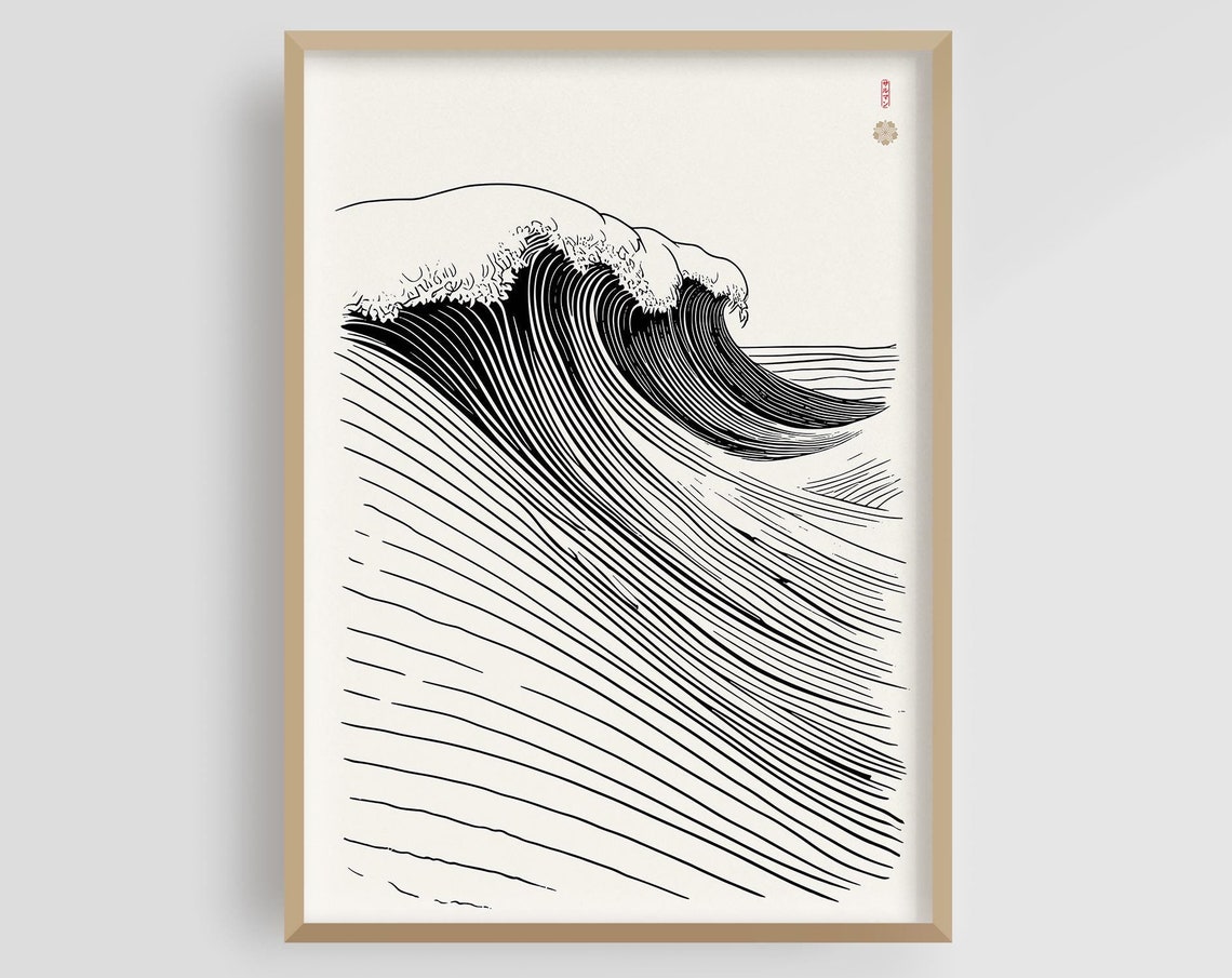 Japanese Ocean Wave Line Art Minimalist Ukiyo e Style Poster