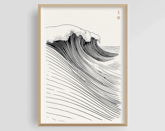 Japanese Ocean Wave Line Art Minimalist Ukiyo e Style Poster