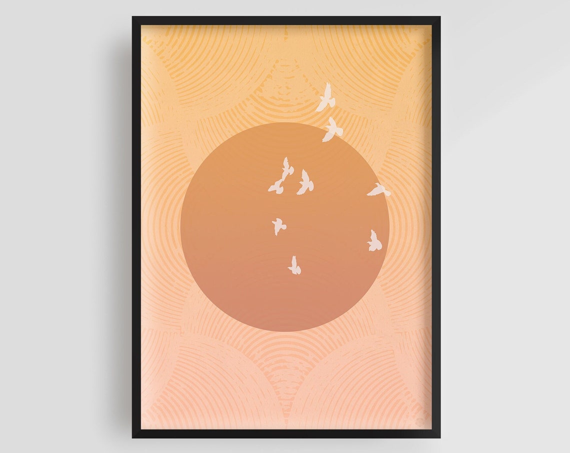 Japandi Rising Sun Birds Minimalist Peach Zen Style Art Poster
