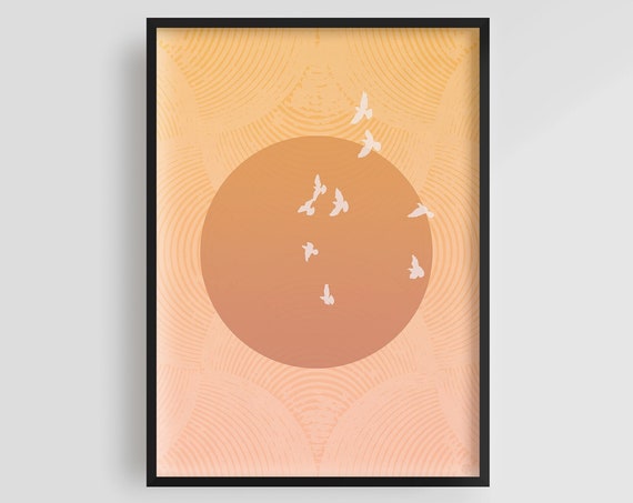 Japandi Art Print Zen Artwork Gallery Wall Art Japan Woodblock Print Sunset Art Print Japanese Wall Decor Flying Birds Poster