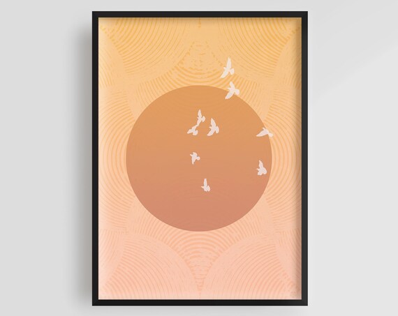 Japandi Rising Sun Birds Minimalist Peach Zen Style Art Poster