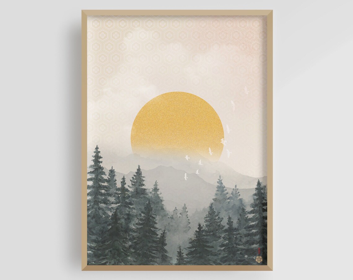 Golden Sunrise Wabi Sabi Japandi Birds Art Print