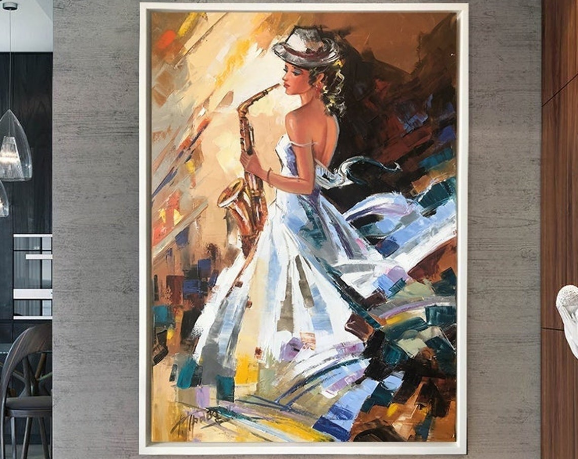 Elegant Woman Oil Painting Original Female Art Work Saxophonist Gifts Woman Playing Saxophone Painting Jazz Wall Art Saxophone Gifts - Image 3