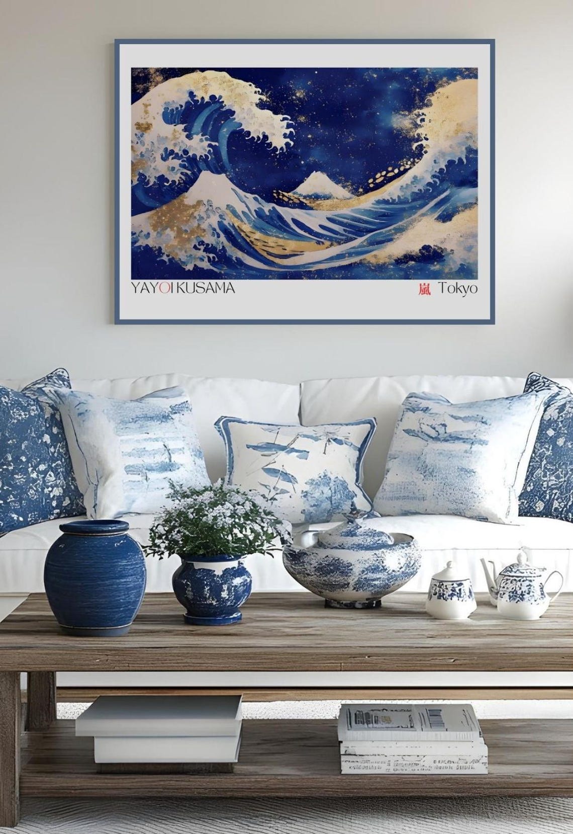 Yayoi Kusama Great Wave Mount Fuji Storm Night Blue Gold Tokyo Poster - Image 3