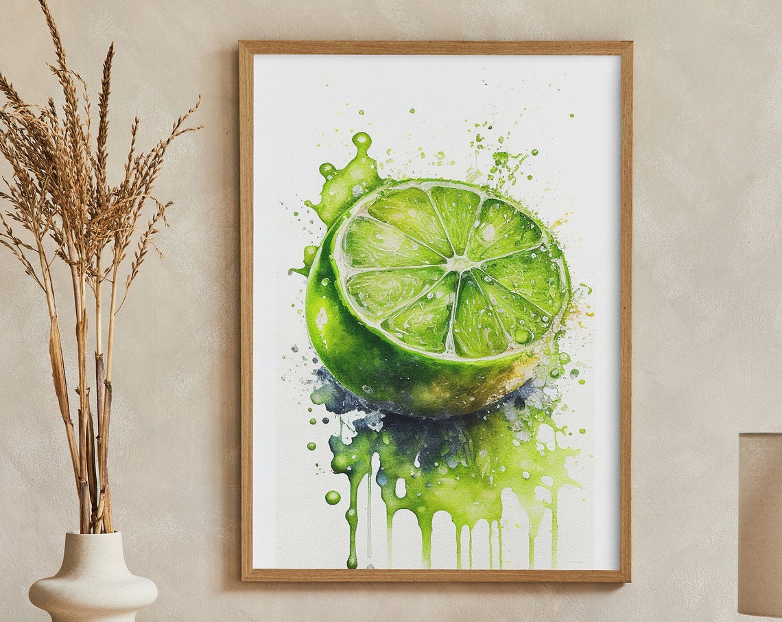 Fresh Lime Half Watercolor Splash Citrus Fruit Kitchen Poster