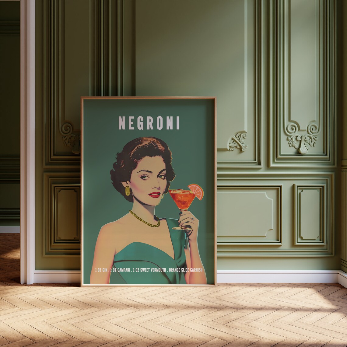Negroni Retro Cocktail Poster, Bar Cart Kitchen Decor - Image 3