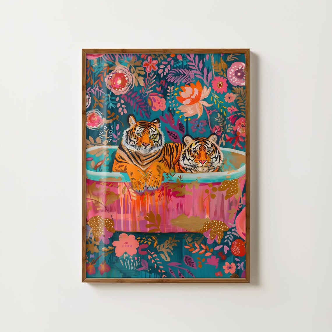 Tiger in Bath, Maximalist Bathroom Wall Art Print