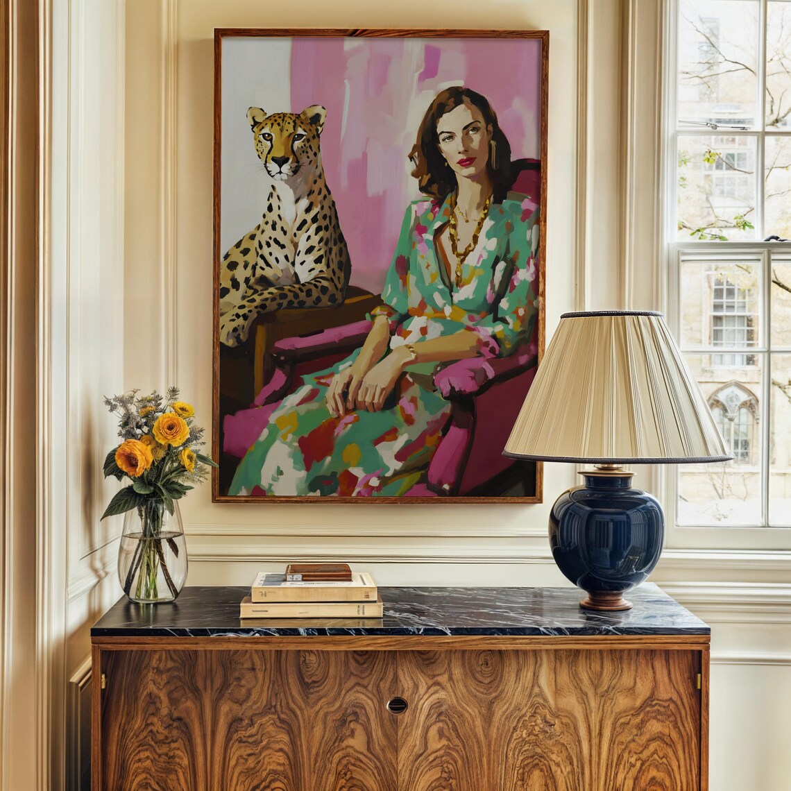 Elegant Woman With Cheetah Companion Maximalist Portrait Poster - Image 3