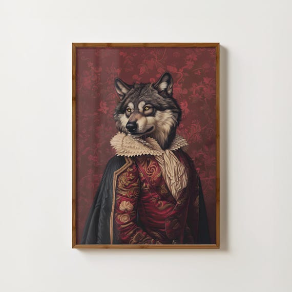 Vintage Wolf Print Victorian Wolf Painting Wolf Wall Art Moody Animal Portrait Halloween Decor Dark Academia Print Wolf Poster Dark Arts