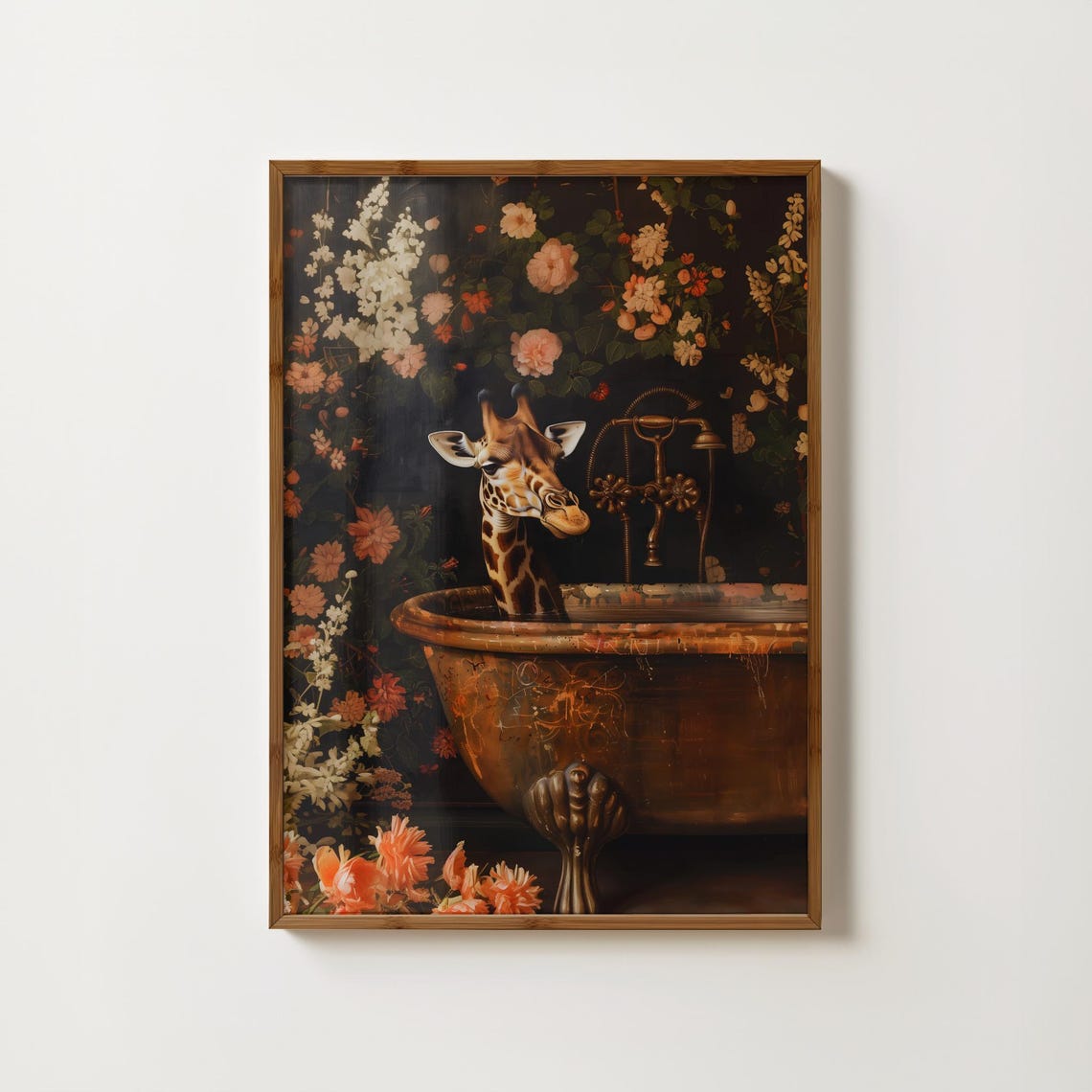 Giraffe In Bathtub Dark Floral Eclectic Bathroom Quirky Poster