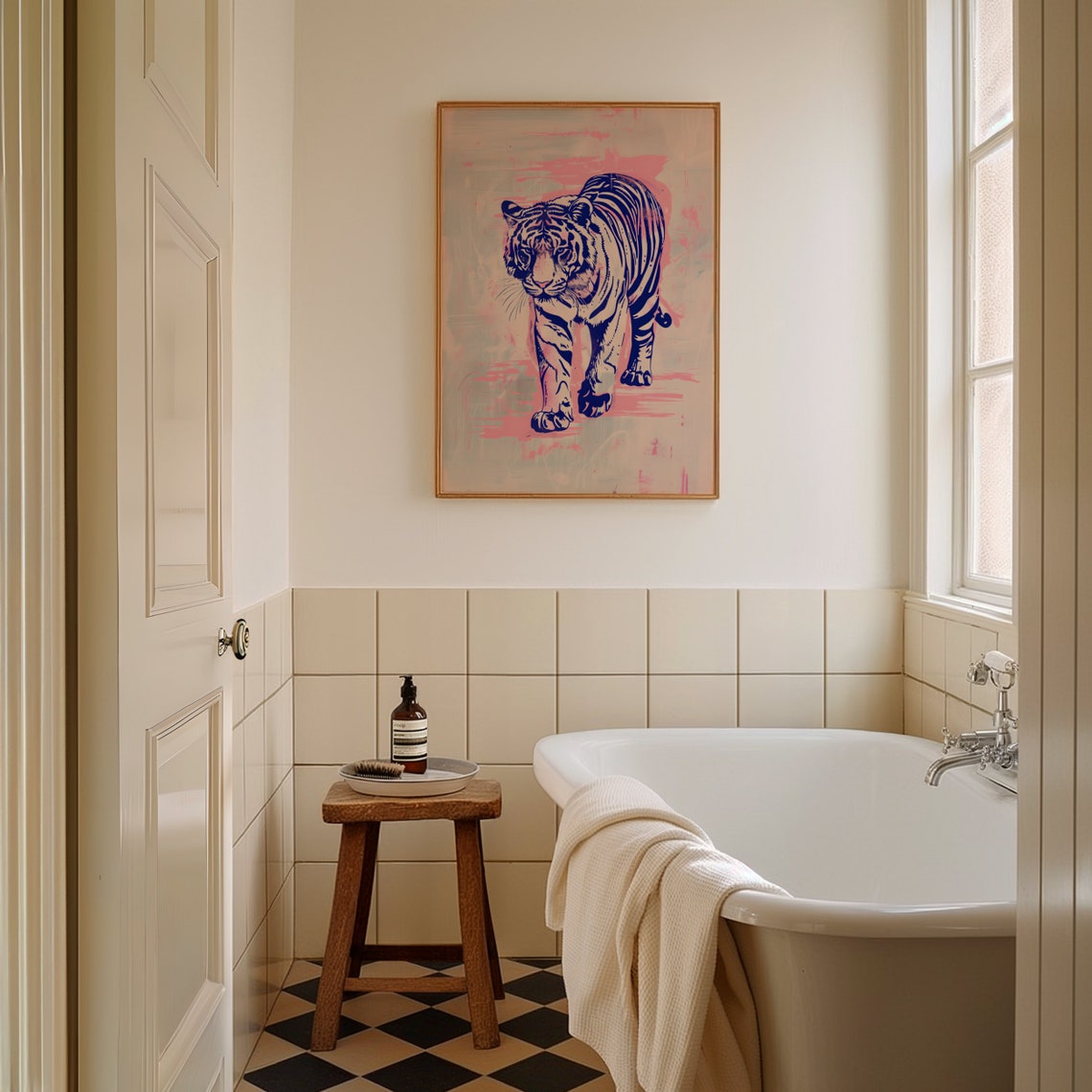Blue Line Art Tiger On Pink Bold Maximalist Style Art Poster - Image 4