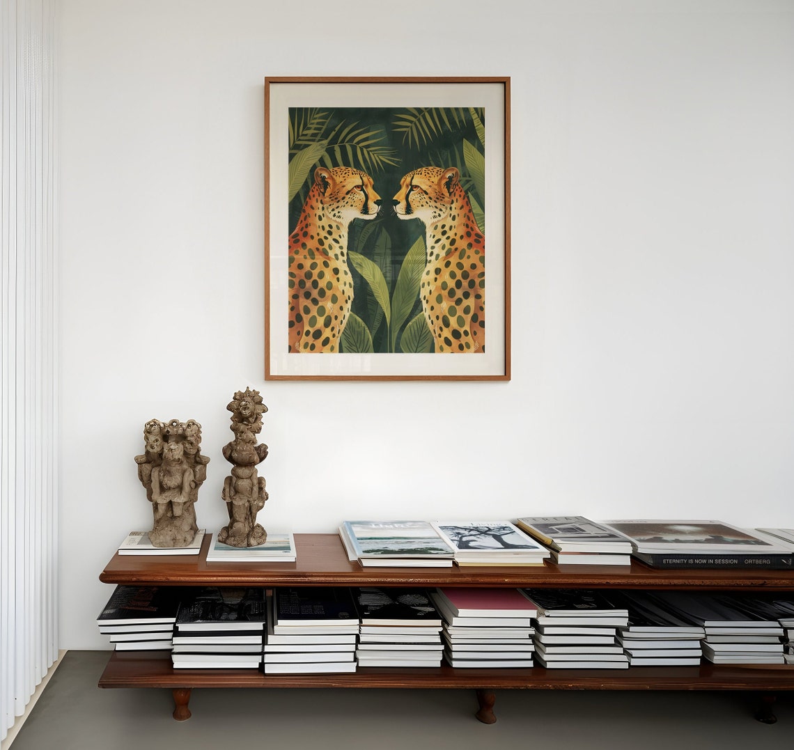 Two Cheetahs Facing Each Other Dark Jungle Leaves Art Poster - Image 2