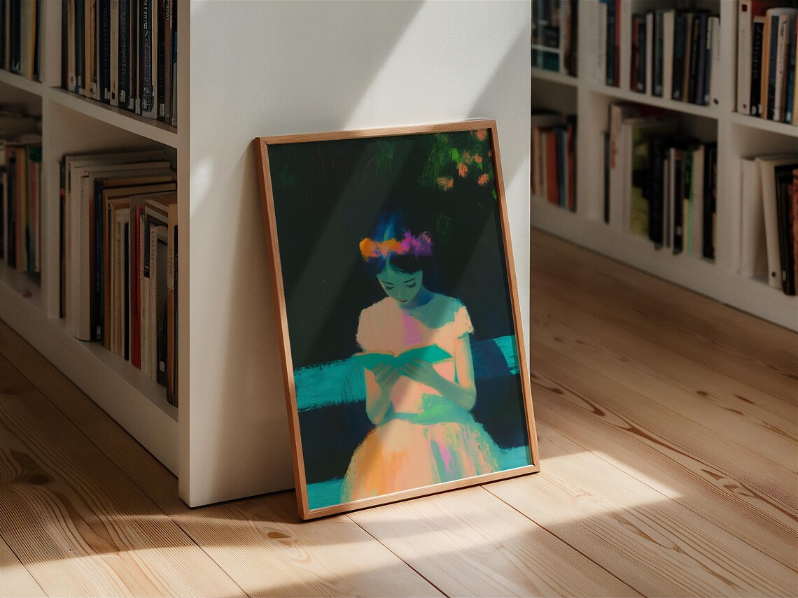 Young Woman Reading Book In Glowing Neon Night Garden Art Poster - Image 3
