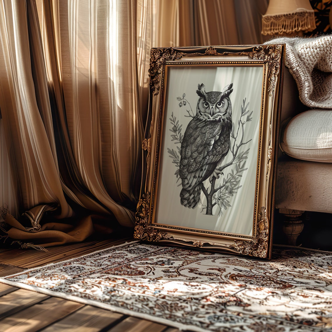 Vintage Gray Owl Engraving Rustic Branch Botanical Wall Art Decor - Image 3