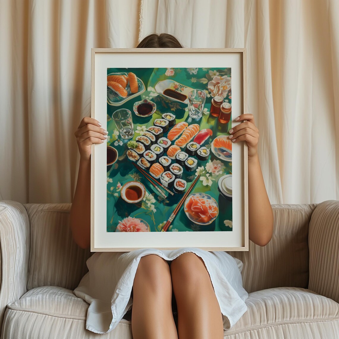 Overhead Sushi Feast On Teal Tablecloth Japanese Food Poster - Image 2