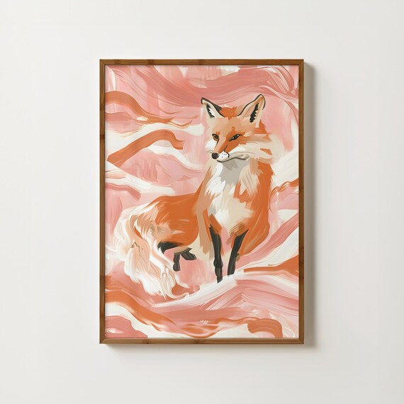 Orange Fox Pink Swirl Brushstrokes Modern Bohemian Wall Art Decor