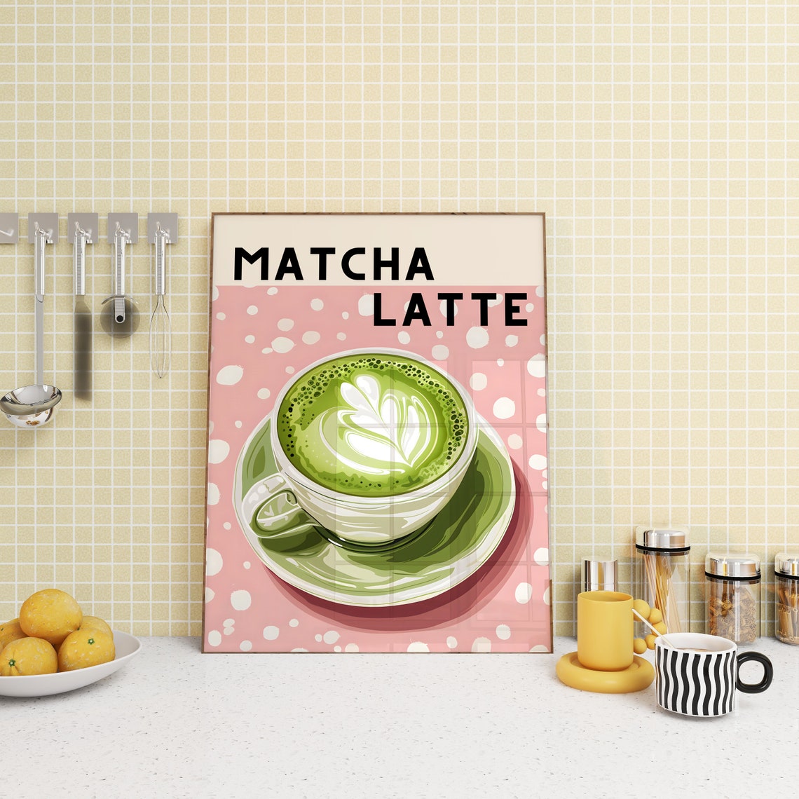 Matcha Latte in a Cup Pink Polka Dot Cafe Kitchen Art Poster - Image 4