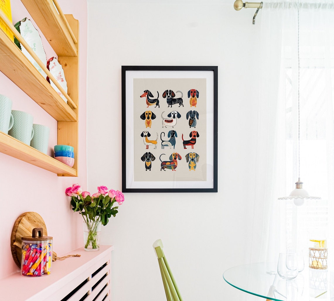 Twelve Colorful Dachshunds Modern Folk Dog Portrait Grid Poster - Image 3