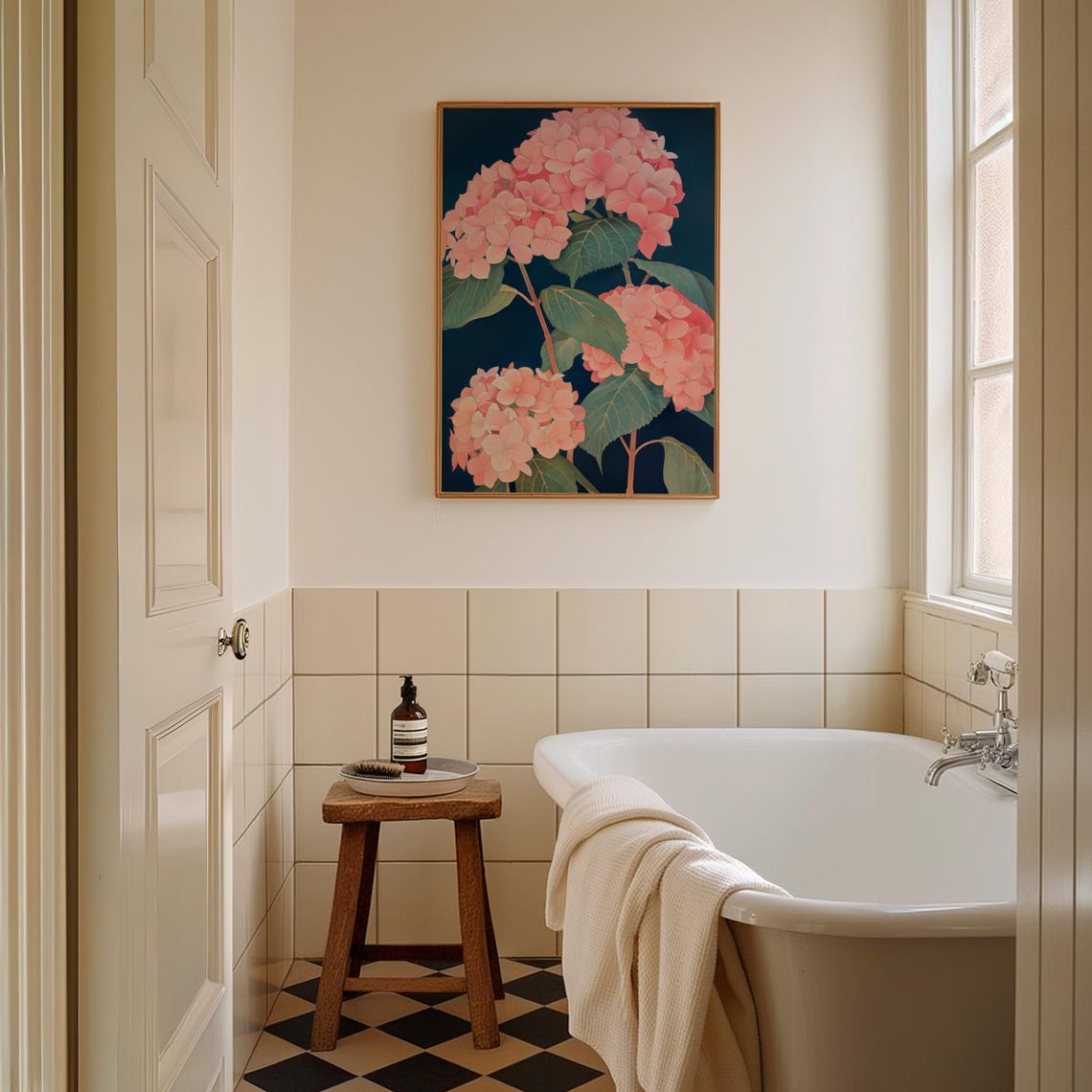 Blush Pink Hydrangea Bloom Clusters Navy Botanical Wall Art Decor - Image 3