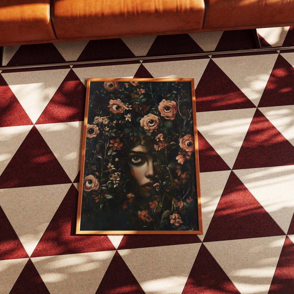 Mysterious Woman Hidden Among Dark Floral Eye Roses Gothic Print - Image 3
