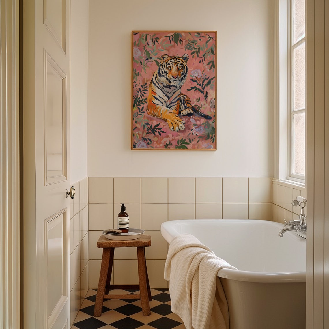 Tiger Lounging Among Pink Flowers Maximalist Floral Art Poster - Image 3