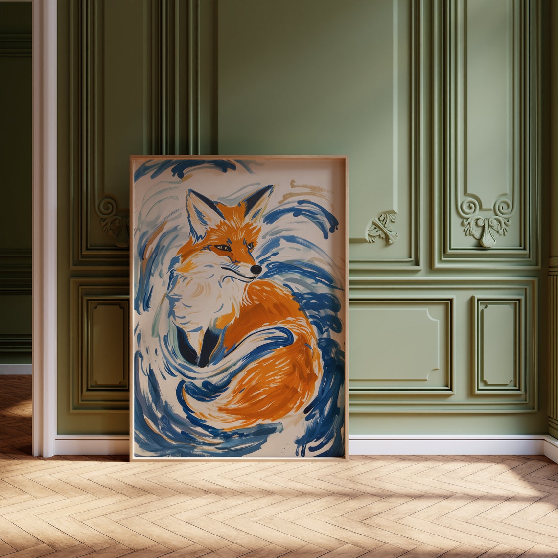 Orange Fox Curled Blue Waves Swirl Dreamy Bohemian Wall Art Decor - Image 4