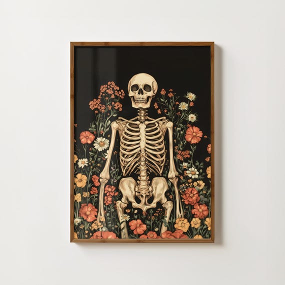 Floral Skeleton Print Botanical Skeleton Painting Trendy Halloween Decor Skull Wall Art Moody Gallery Wall Gothic Poster Dark Academia Print