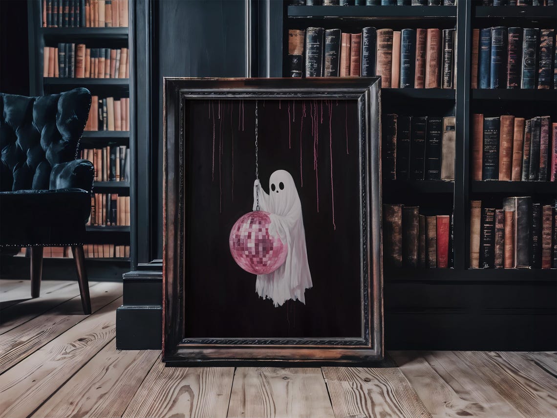 Cute Ghost Holding A Pink Disco Ball Spooky Halloween Decor Art Poster - Image 3