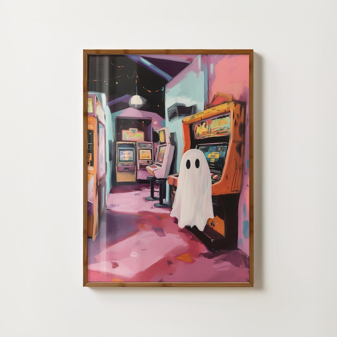 Cute Ghost In Pink Retro Arcade Night Halloween Scene Poster