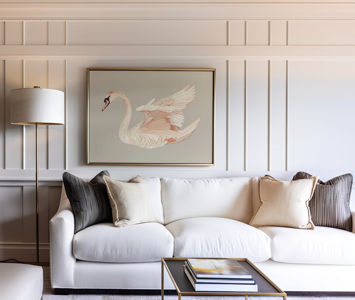 Minimalist Swan Spreading Wings On Calm Neutral Ground Art Print - Image 3