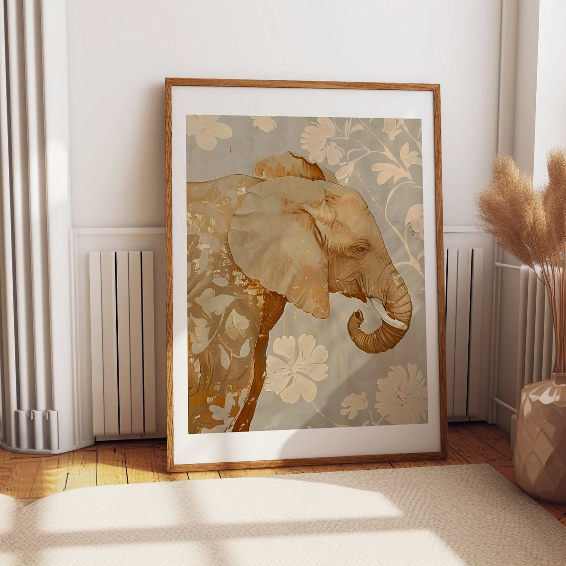 Golden Elephant Profile Painting with Cream Floral Detail Poster - Image 2