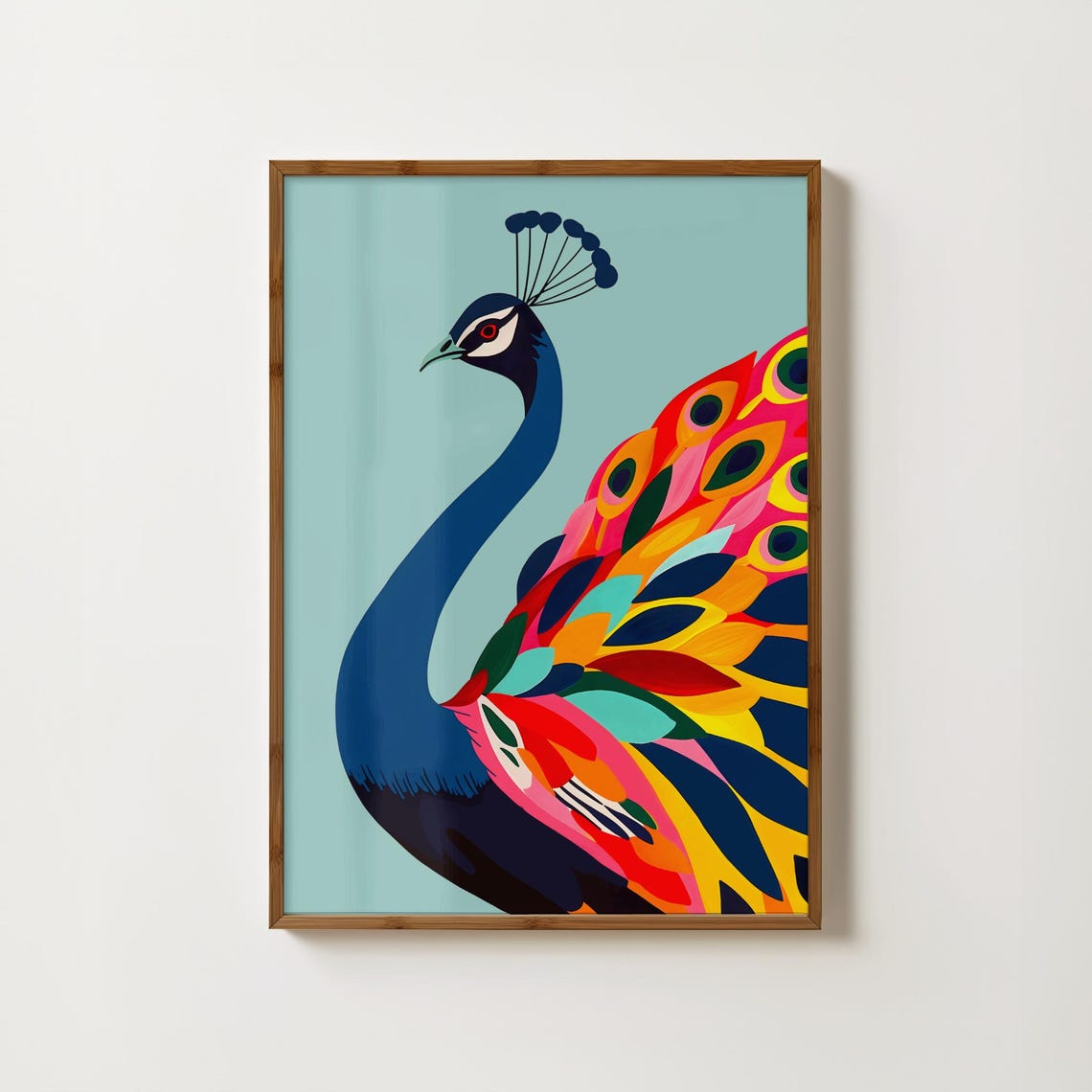 Stylised Blue Peacock with a Rainbow Feather Tail Bird Art Print