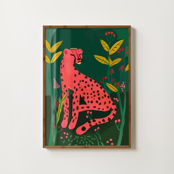 Pink Cheetah Sitting in a Green Jungle Illustration Art Print