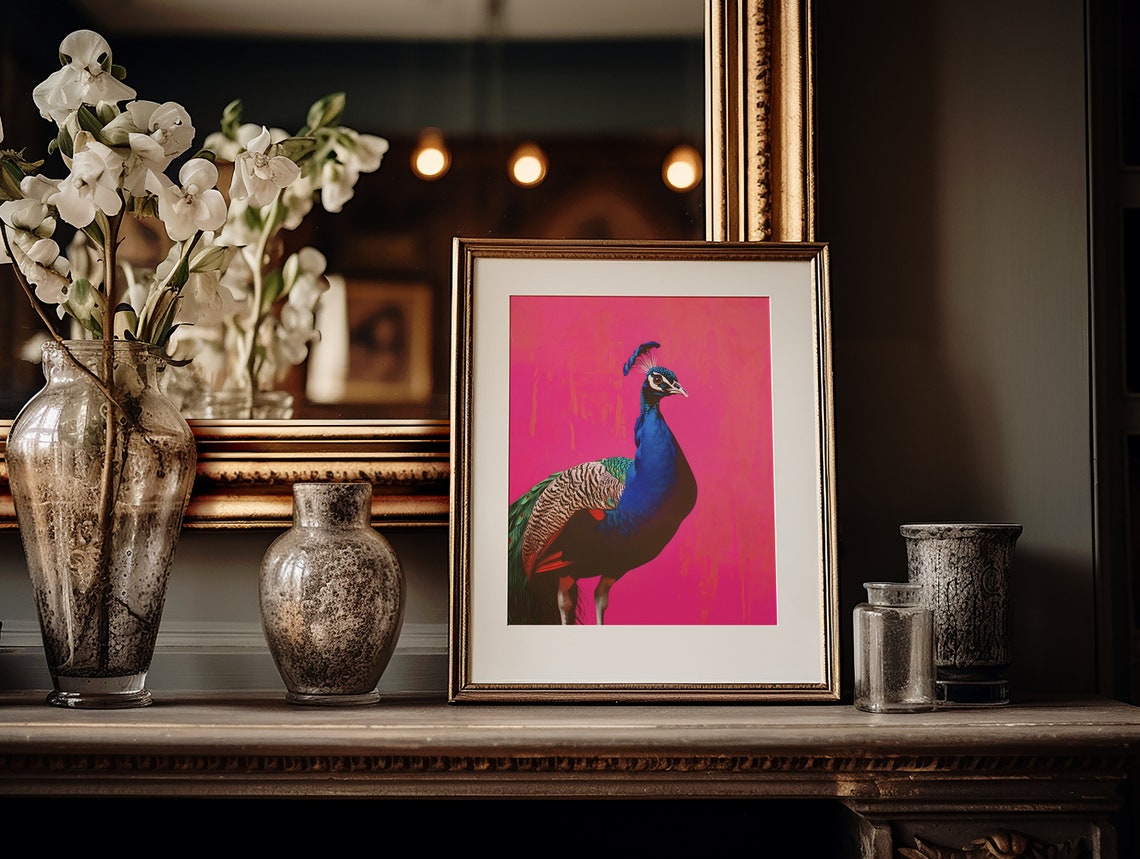 Vibrant Blue Peacock on a Hot Pink Bold Background Art Print - Image 4