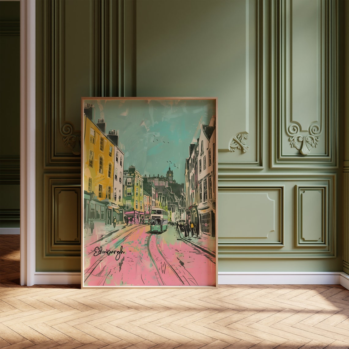 Edinburgh Street With Tram Colorful Hand Drawn Sketch Art Poster - Image 3