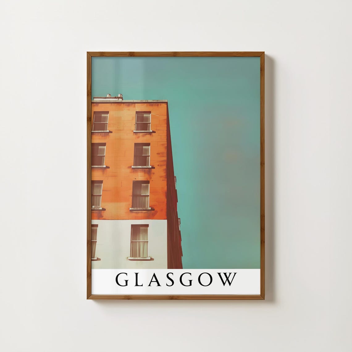 Glasgow Orange Tenement Building Facade Under Teal Sky Poster