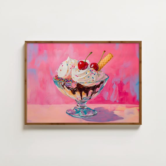 Pink Ice Cream Print Colourful Food Print Pink Kitchen Decor Ice Cream Sundae Painting Kids Bedroom Print Girly Prints Pink Nursery Decor