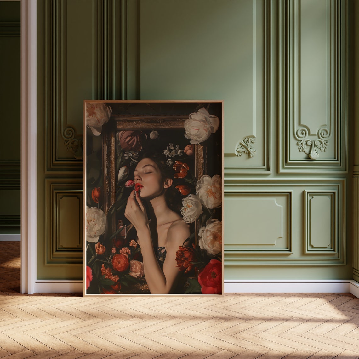 Woman Applying Lipstick Among Florals Moody Vintage Art Poster - Image 3